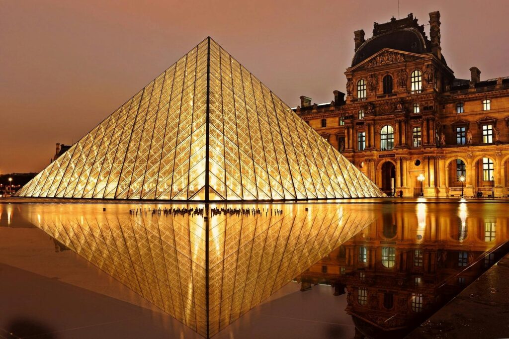 Louvre Museum glass pyramid and courtyard