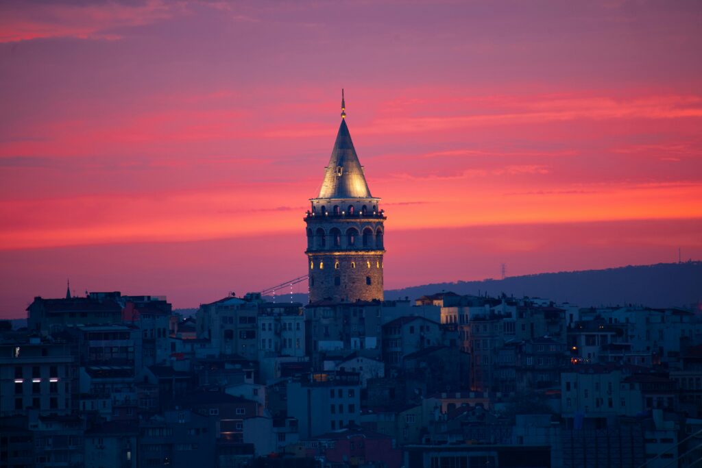 Galata Tower and Istanbul cityscape at dusk